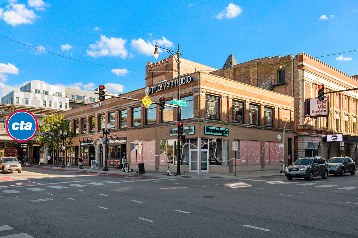 Corner retail in Lakeview near the CTA Belmont red, brown , and purple line station